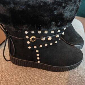 Boots Black Winter Boots with Pearl Accents